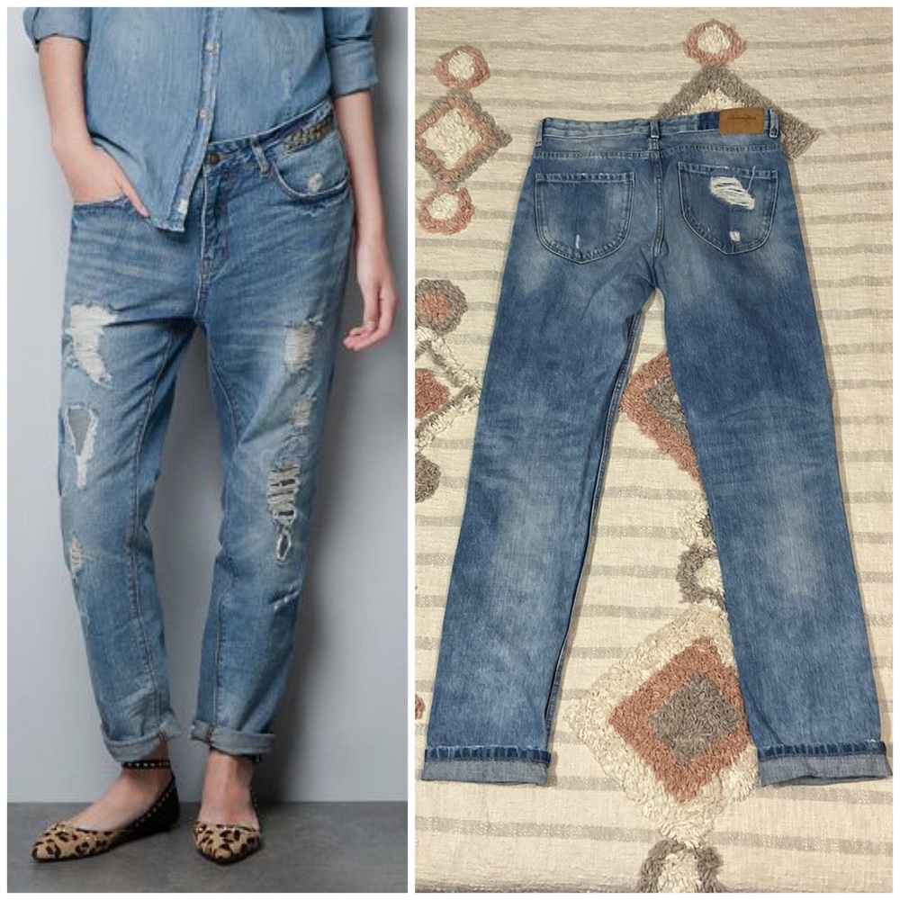 Zara Premium Wash Ripped Destroyed Straight Jeans Size 2 Boyfriend Relaxed Torn